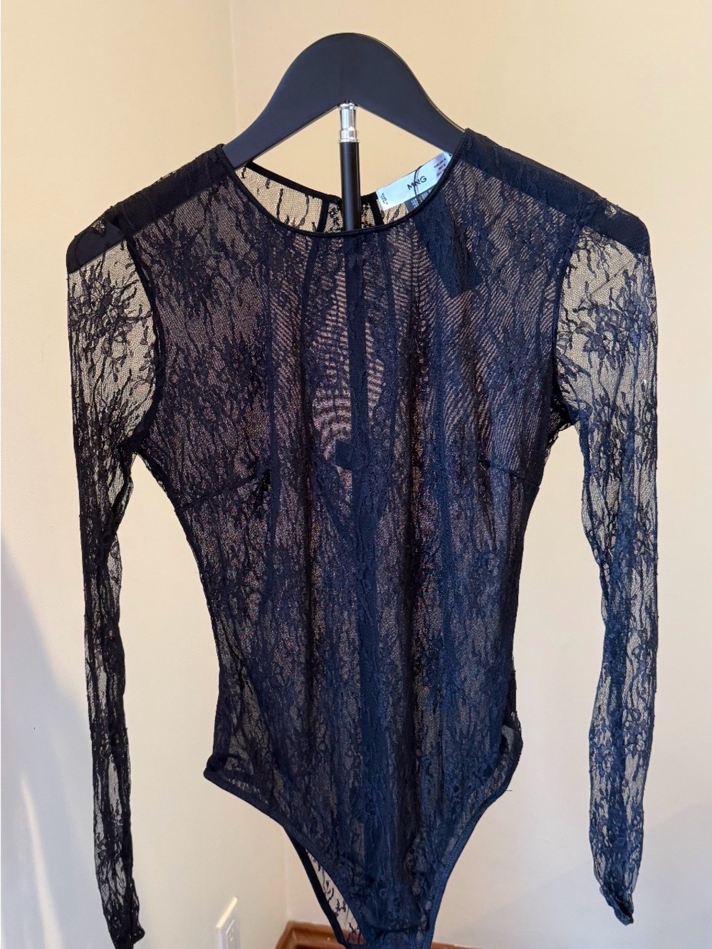 MNG Mango Black Sheer Lace Long-Sleeve Bodysuit
